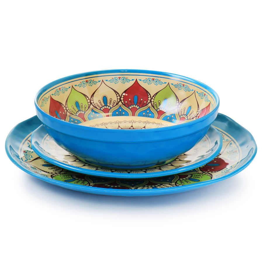 Elama Camilla 12-Piece Melamine Dinnerware Set, Service for 4, Multicolor Mandala, 11 in Dinner Plates, Shatter-Resistant, Indoor and Outdoor