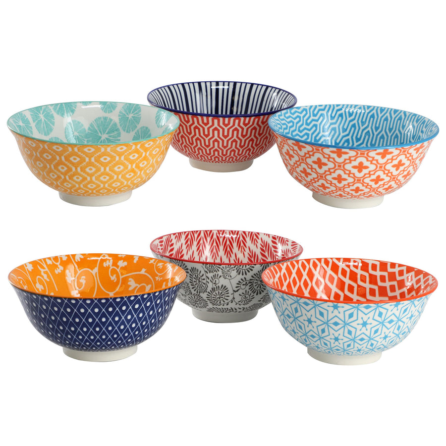 Elama Roxey 6-Piece 20 oz Porcelain Footed Bowl Set, Assorted Multicolor Designs