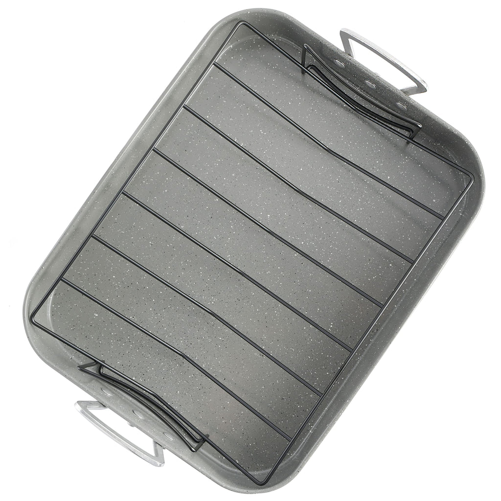 Oster Greystone 2-Piece Carbon Steel Turkey Roaster Set with V-Rack, Grey Speckle - 16.25 x 12.75 in, PFAS-Free Disclosure