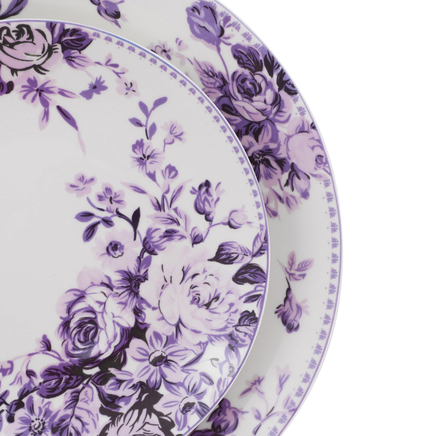Elama Traditional Rose 24-Piece Stoneware Double Bowl Dinnerware Set, Service for 6, Purple