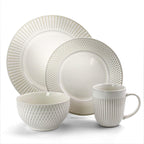 Elama Market Finds 16-Piece Round Stoneware Dinnerware Set – Embossed White Service for 4