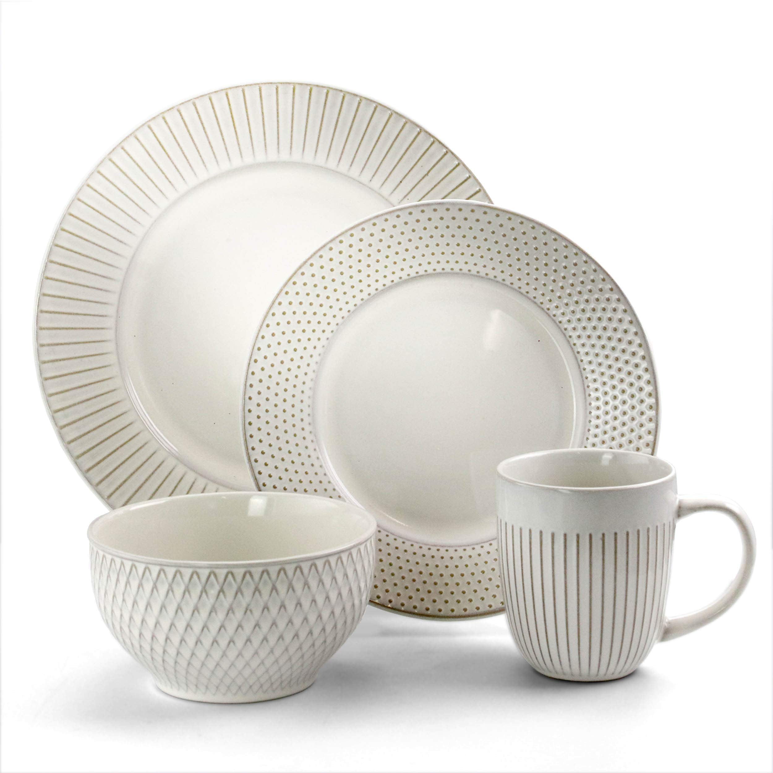 Elama Market Finds 16-Piece Round Stoneware Dinnerware Set – Embossed White Service for 4