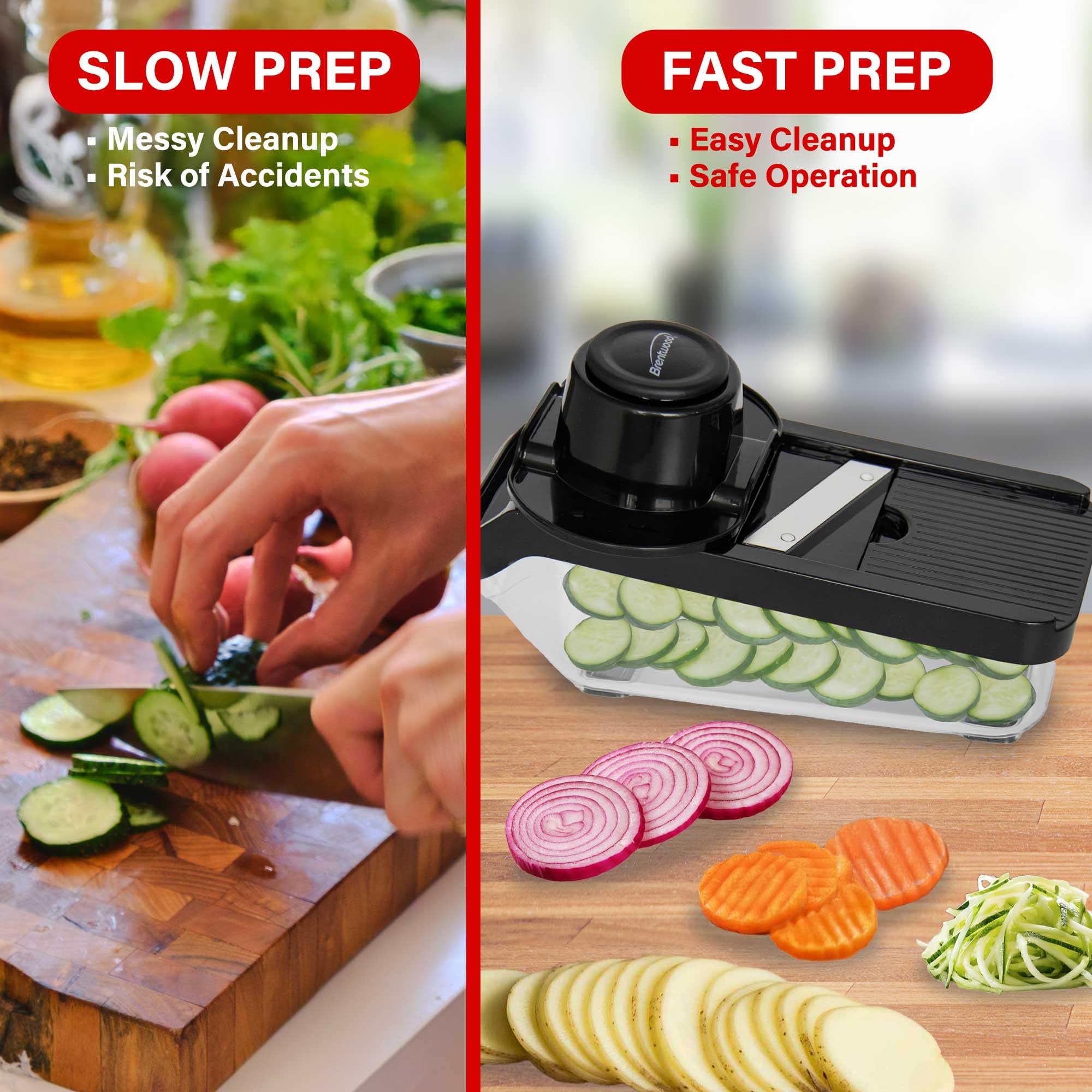 Brentwood 3.6-Cup Mandoline Slicer & Cheese Grater – Black with 6 Interchangeable Stainless Steel Blades & Catch Container