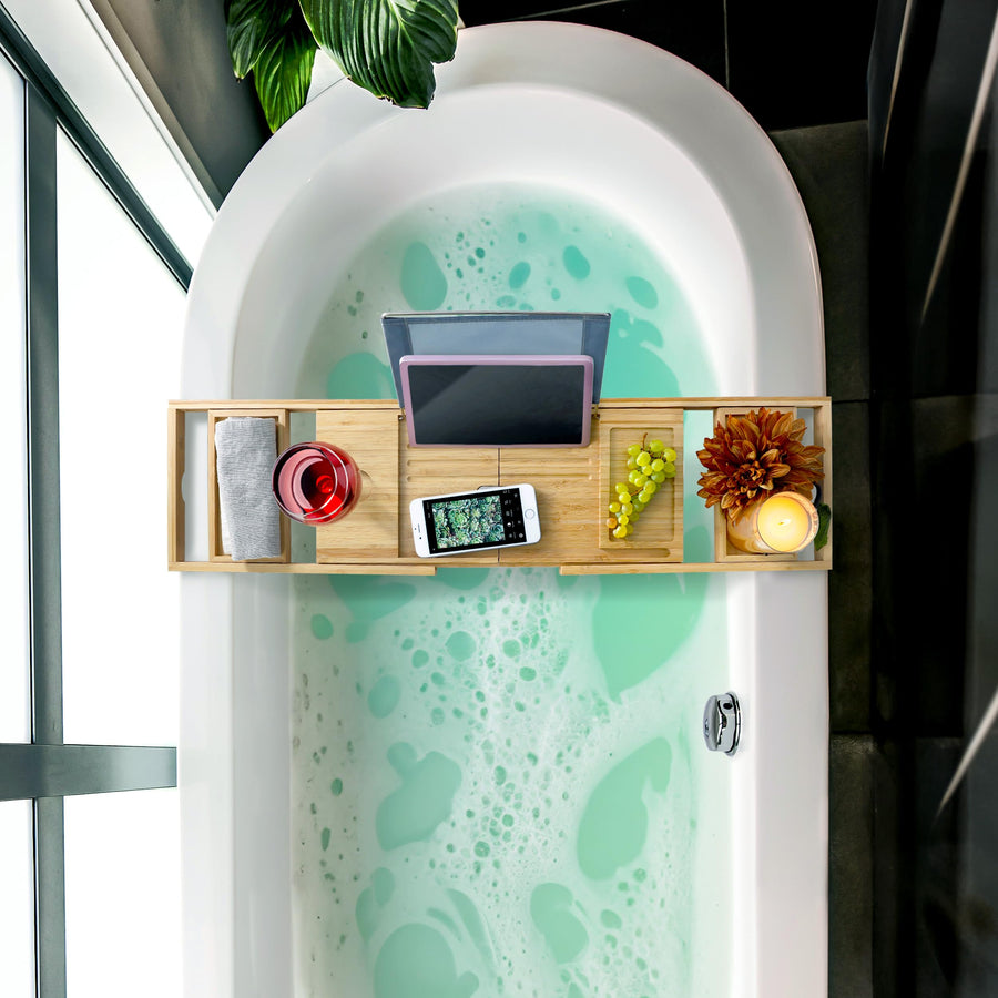 Elama Expandable Bamboo Bath Tray, Adjustable Bathtub Caddy with Book and Tablet Holder, Wine Glass Slot and Spa Accessory Compartments