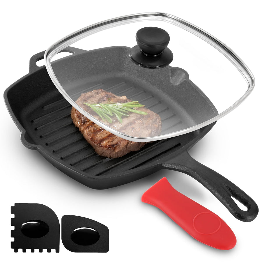 MegaChef square cast iron grill pan with glass lid, steak, silicone handle holder and scrapers