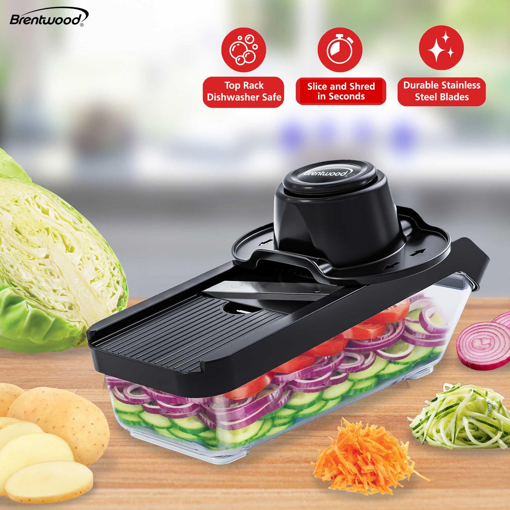 Brentwood 3.6-Cup Mandoline Slicer & Cheese Grater – Black with 6 Interchangeable Stainless Steel Blades & Catch Container