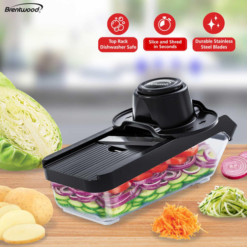 Brentwood 3.6-Cup Mandoline Slicer & Cheese Grater – Black with 6 Interchangeable Stainless Steel Blades & Catch Container