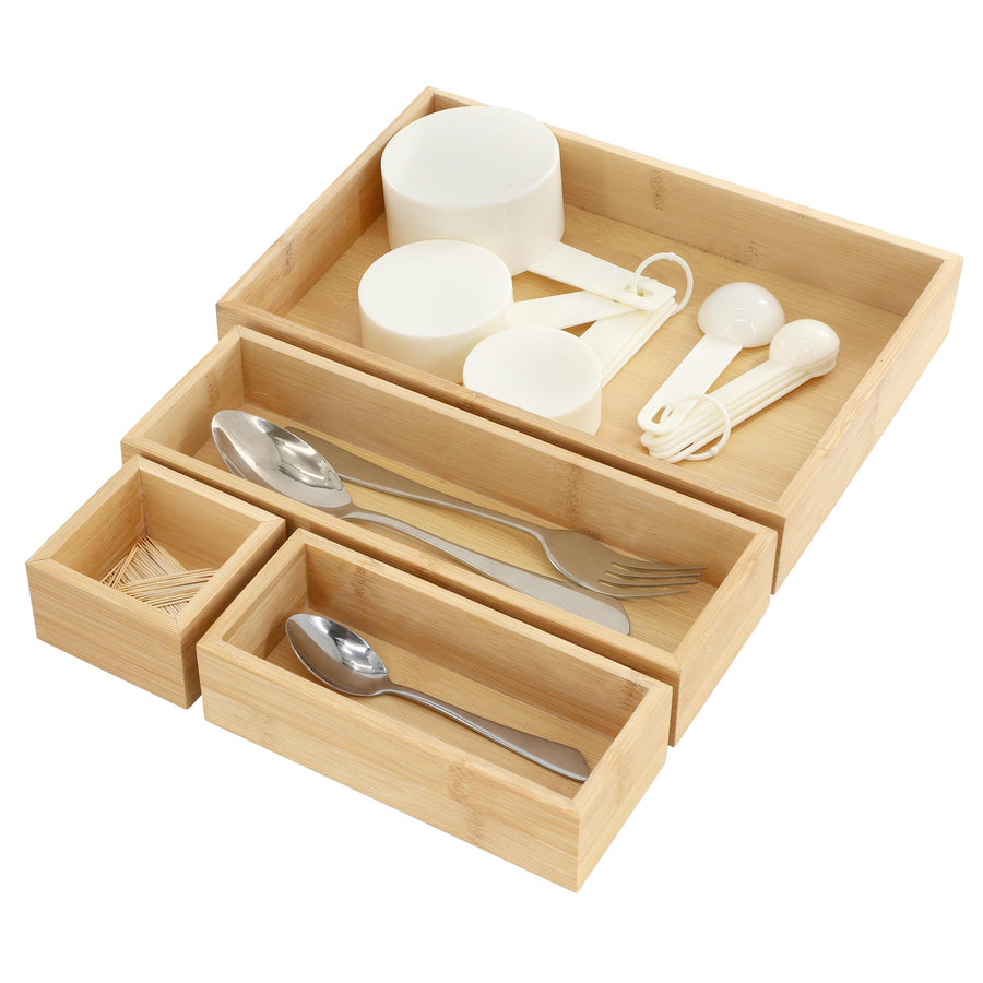 Elama 4 Piece Bamboo Wood Drawer Organizer Tray Set for Utensils and Storage