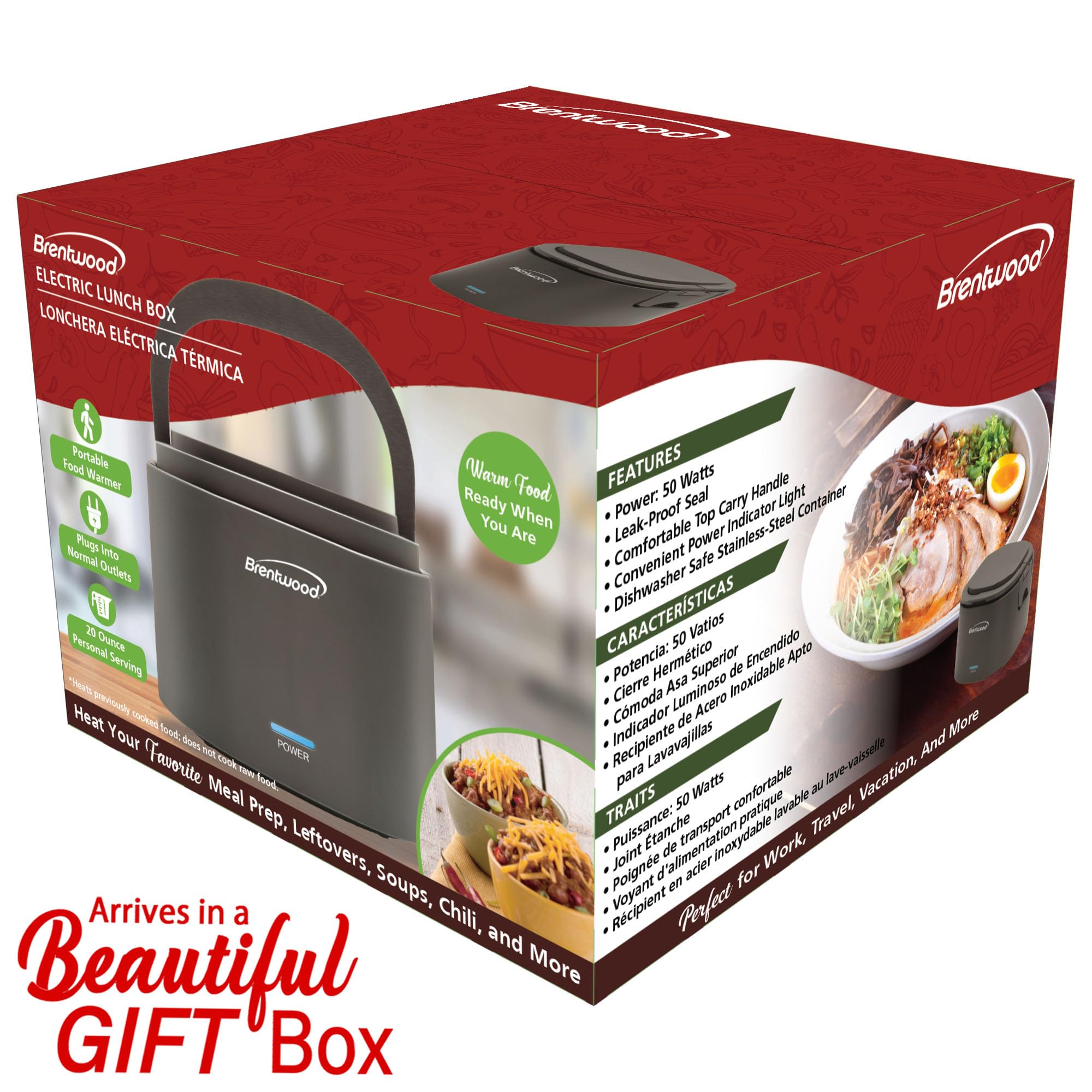 Brentwood ELB-600GRY 0.6L Portable Leakproof Electric Lunch Box - Gray, 50W Food Warmer with Removable Stainless Steel Container