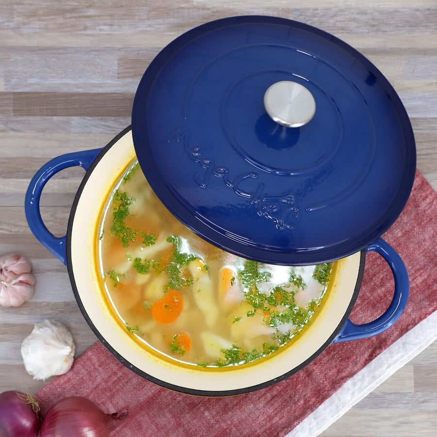 MegaChef Enameled Cast Iron Dutch Oven with Self-Basting Lid, 6.35 Qt Round, 11 Inch, Dark Blue