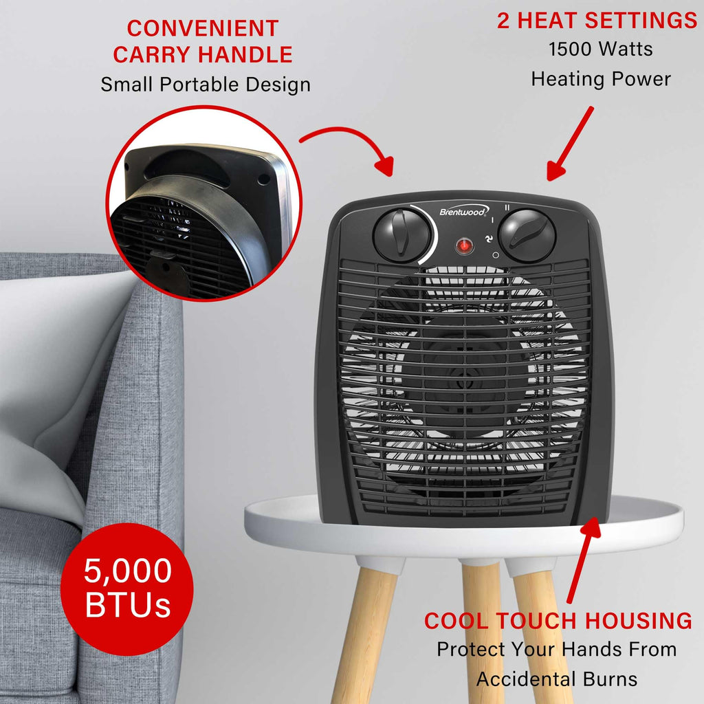 Brentwood H-F305BK 1500W Portable Electric Space Heater and Fan with Thermostat - Black