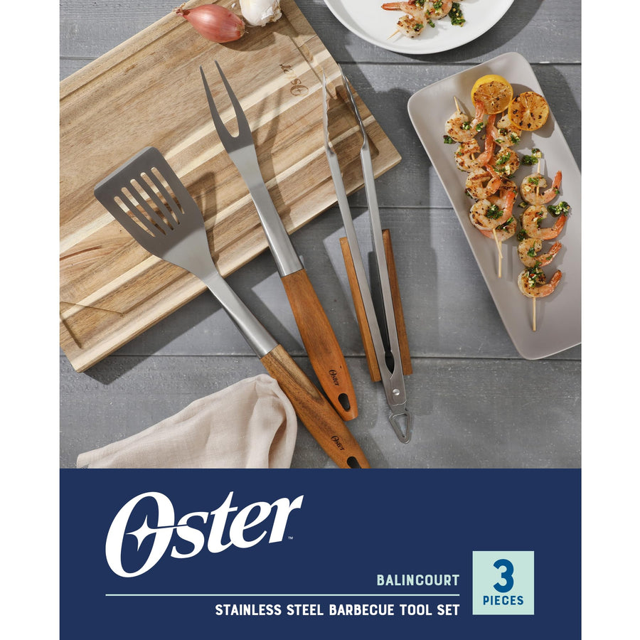 Oster Balincourt 3-Piece Stainless Steel Grilling Tool Set with Acacia Wood Handles