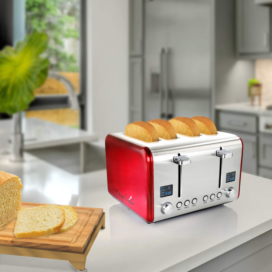 MegaChef 4-Slice Toaster with LED Timer, Dual Controls & 1.5 Inch Wide Slots, Stainless Steel / Red