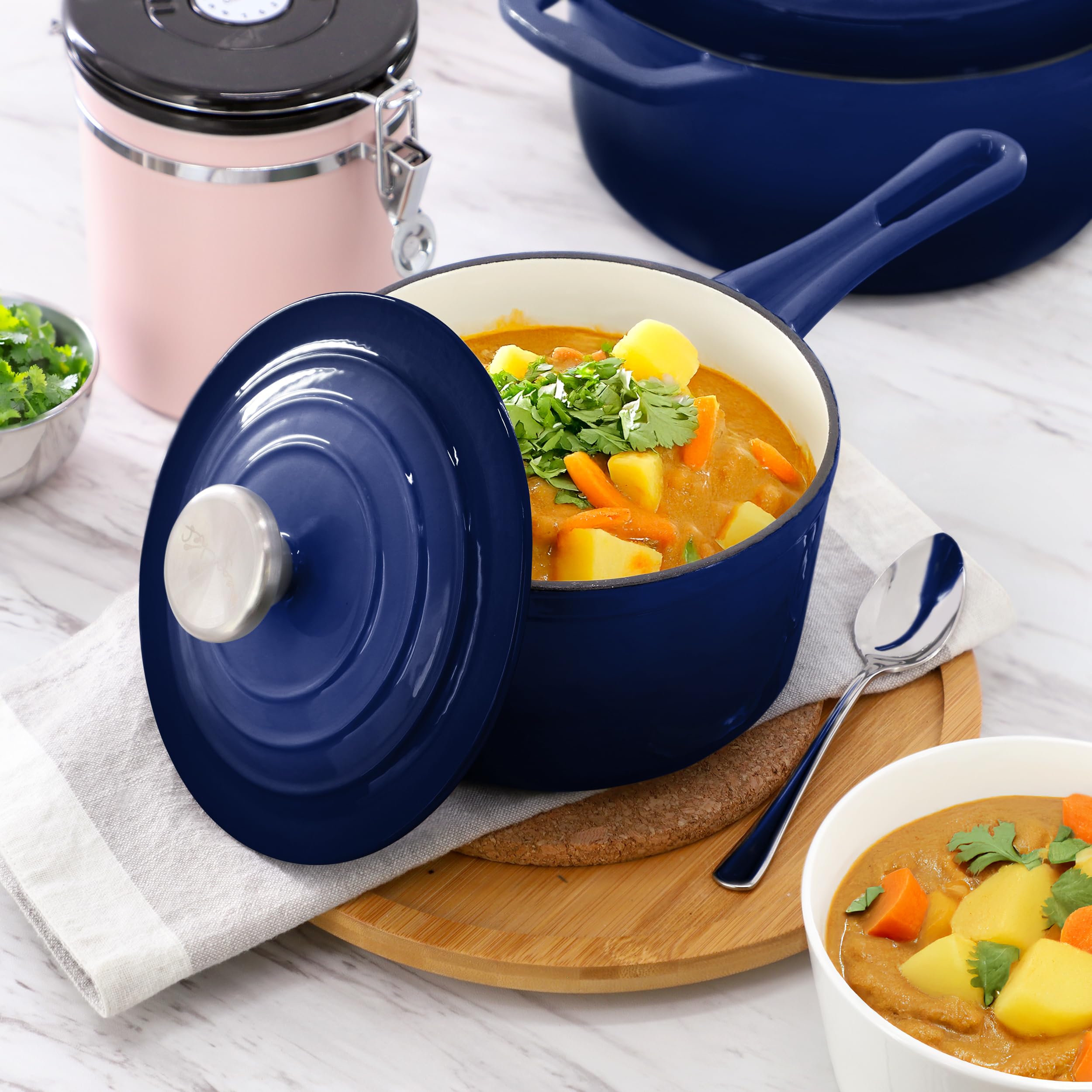 MegaChef 7-Piece Enameled Cast Iron Cookware Set in Blue — 5-Qt Dutch Oven, Skillet, Saucepan, Sauté & Lids, Induction-Compatible Heirloom Cookware