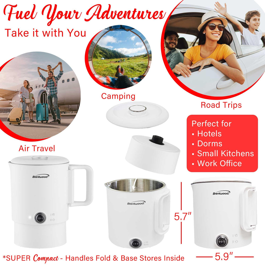 Brentwood KT-1504W Collapsible Stainless Steel Cordless Electric Travel Kettle & Hot Pot - White, 650W, 27oz