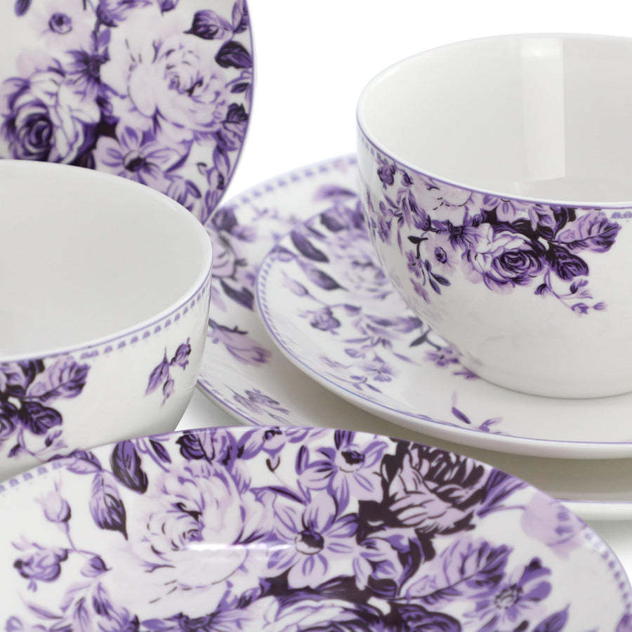Elama Traditional Rose 24-Piece Stoneware Double Bowl Dinnerware Set, Service for 6, Purple