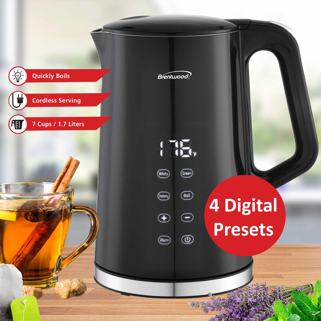 Brentwood KT-2015DBK 1.7L 1100W Digital Cool-Touch Electric Kettle - Black, 13 Temperature Settings