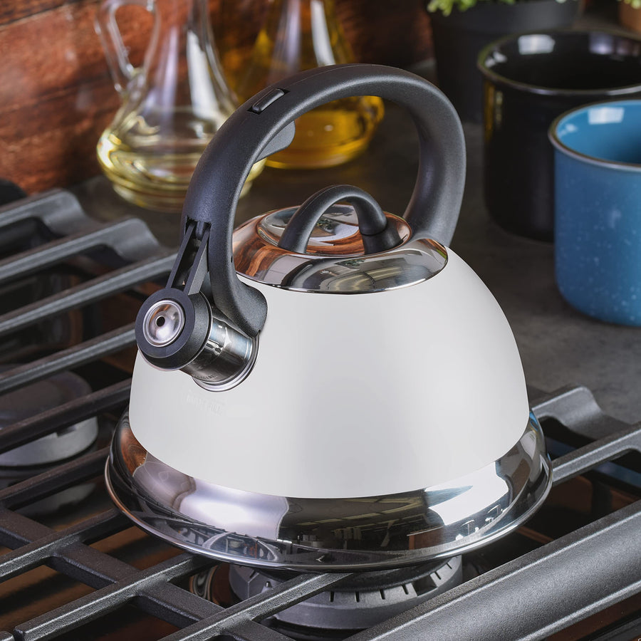 Mr. Coffee Flintshire 1.75-Quart Stainless Steel Whistling Tea Kettle with Nylon Handle, Linen
