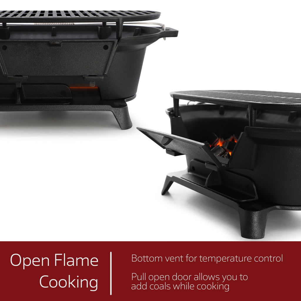 MegaChef Oval Cast Iron Portable Hibachi Charcoal Grill – Black Outdoor Tabletop BBQ for Camping & Tailgating