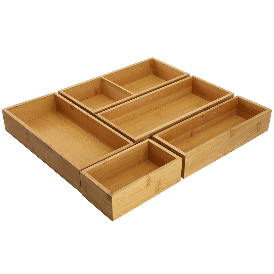 MegaChef 5 piece bamboo drawer organizer trays arranged in a drawer layout