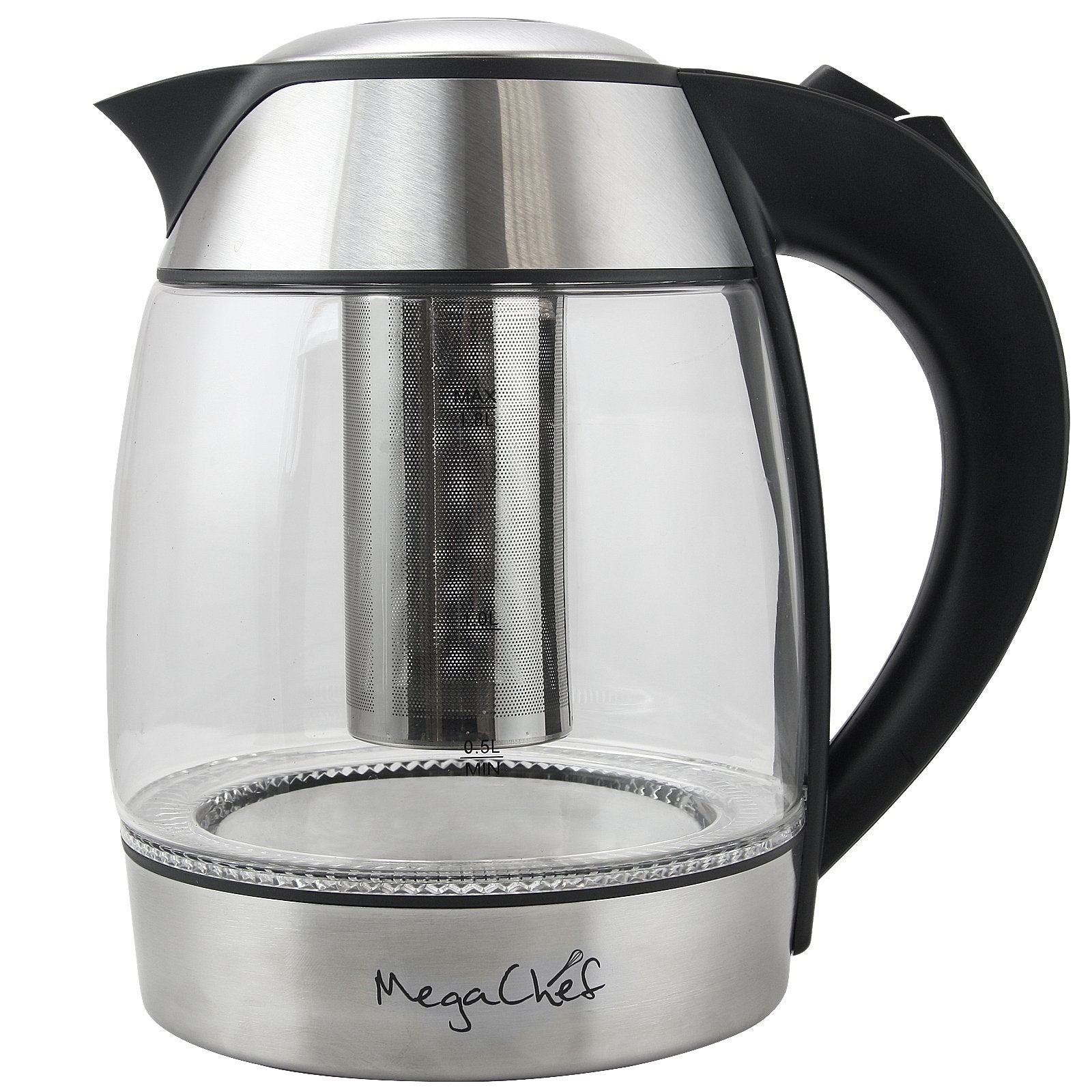 Megachef 1.8L Glass Electric Tea Kettle with Removable Tea Infuser, Cordless Borosilicate Kettle with Auto Shut-Off