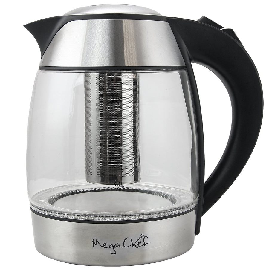 Megachef 1.8L Glass Electric Tea Kettle with Removable Tea Infuser, Cordless Borosilicate Kettle with Auto Shut-Off