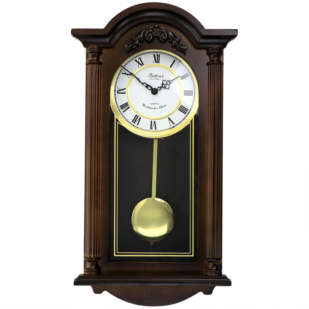 Bedford Clock Collection Noah 22" Chestnut Wood Chiming Pendulum Wall Clock – Quartz Westminster Chimes with Roman Numeral Dial & Swinging Pendulum