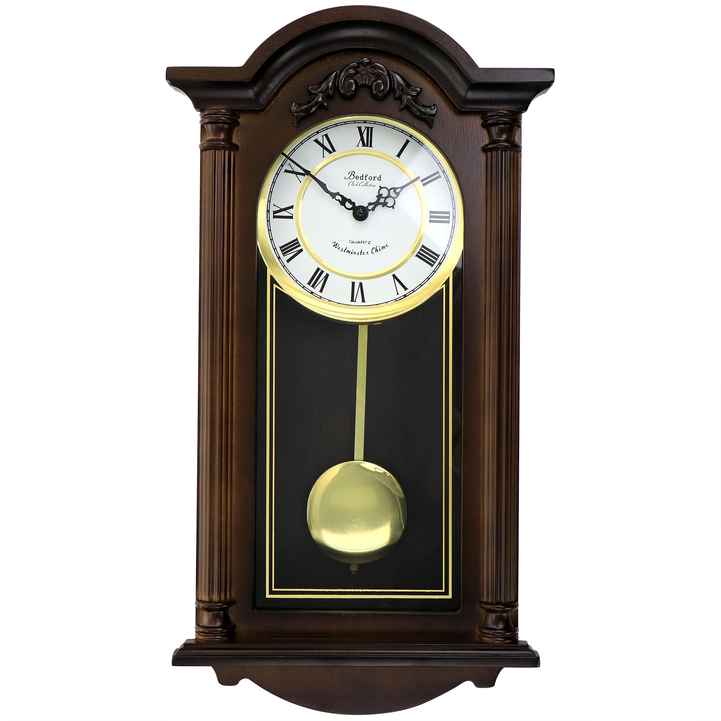Bedford Clock Collection Noah 22" Chestnut Wood Chiming Pendulum Wall Clock – Quartz Westminster Chimes with Roman Numeral Dial & Swinging Pendulum