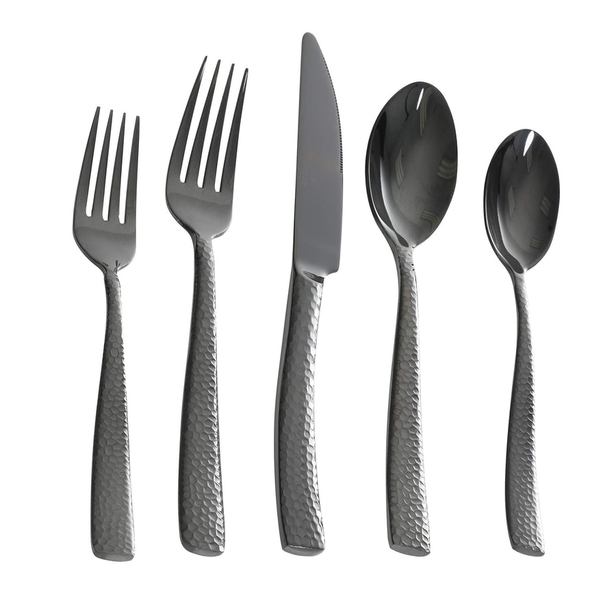 Black stainless steel place setting with hammered handles: forks, knife, spoons