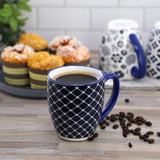 Stoneware Coffee Mug Set of 6, 16 Oz, Assorted Navy Blue and White Designs, by Elama Flyn