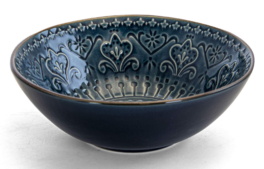 Elama Deep Sea Mozaic 7 inch sea blue bowl with the raised mandala pattern inside and a smooth dark blue exterior