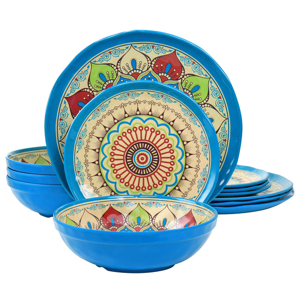 Elama Camilla 12-Piece Melamine Dinnerware Set, Service for 4, Multicolor Mandala, 11 in Dinner Plates, Shatter-Resistant, Indoor and Outdoor