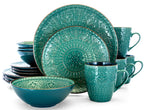 Elama Sea Foam Mozaic 16-Piece Round Stoneware Dinnerware Set – Sea Green with Embossed Mandala Texture, Service for 4