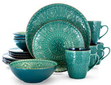 Elama Sea Foam Mozaic 16-piece sea green stoneware dinnerware set for 4, embossed mandala plates, bowls and 10 oz mugs