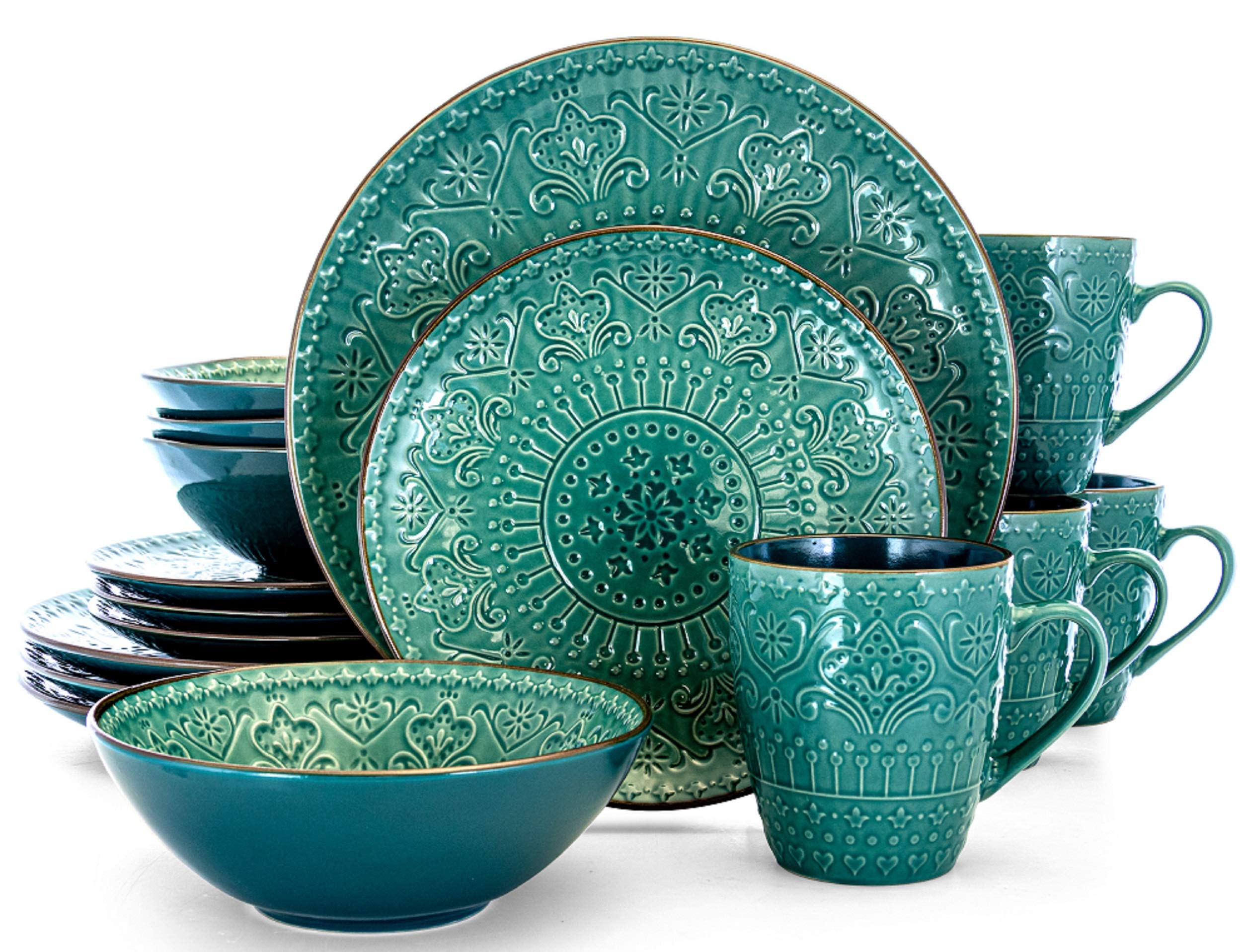 Elama Sea Foam Mozaic 16-Piece Round Stoneware Dinnerware Set – Sea Green with Embossed Mandala Texture, Service for 4