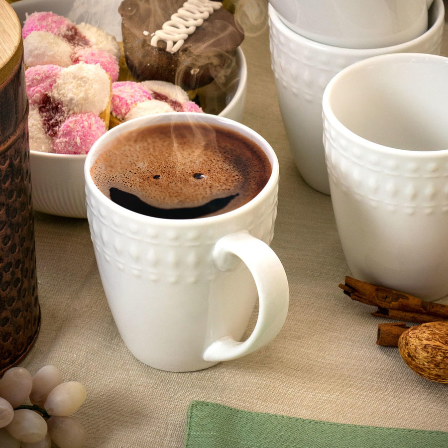 Elama Cara 6-Piece 10 oz Porcelain Cup Set, White, Dimpled Texture Band, Dishwasher and Microwave Safe