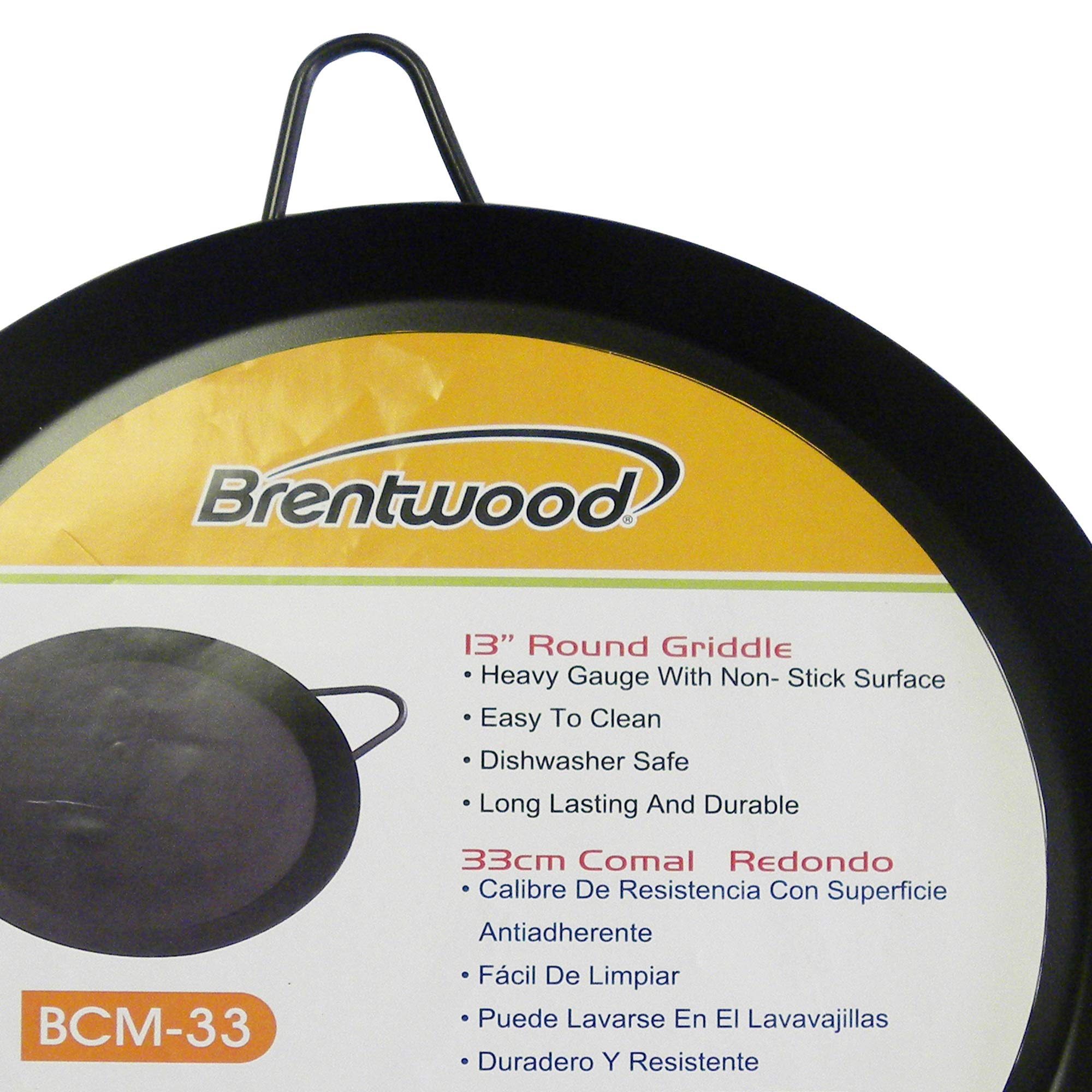Brentwood BCM-33 13-Inch Carbon Steel Non-Stick Round Comal Griddle - Black, Stovetop Pan with Welded Handles