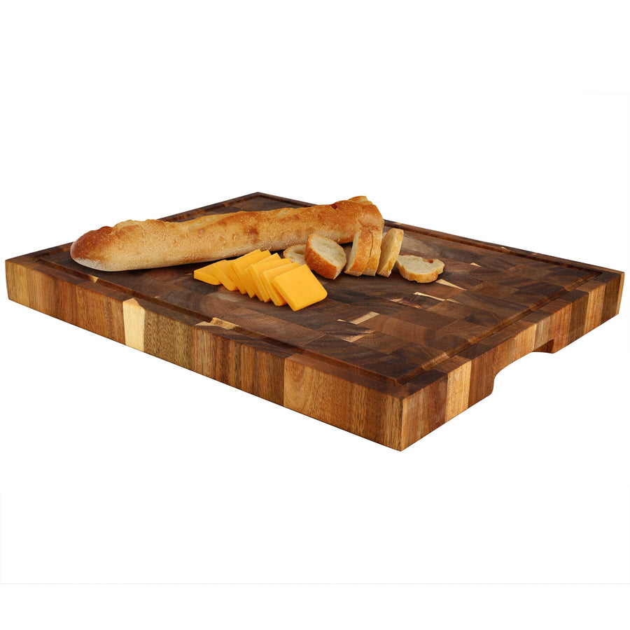 MegaChef MC-A147 dark acacia wood butcher block with deep juice groove and notched side handles, top view