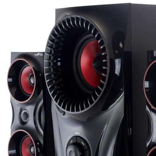 Close-up of the beFree BFS-99X subwoofer front showing the red woofer cone, finned ring, input control and USB port