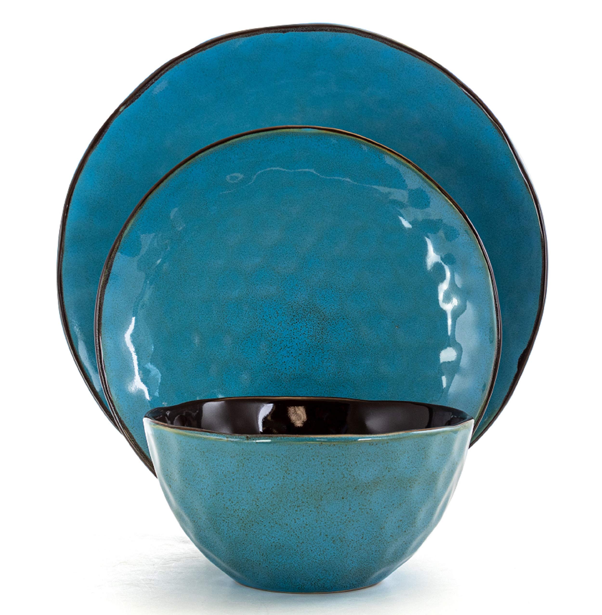 Elama Sea Glass 16-Piece Round Stoneware Dinnerware Set – Turquoise Coastal Service for 4
