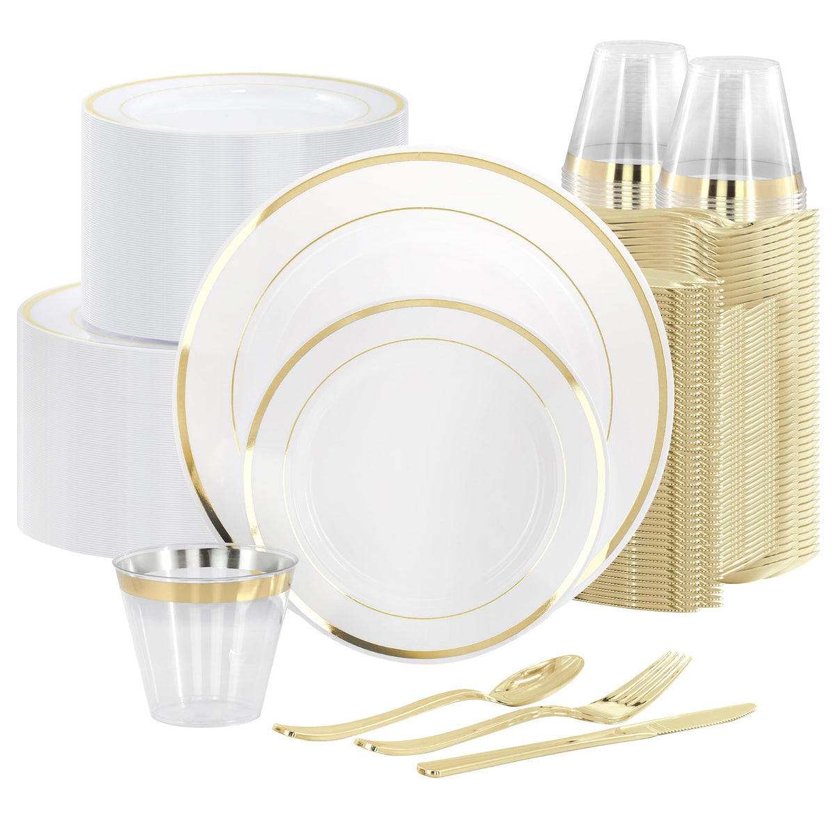 Disposable Plastic Dinnerware Set for 100 Guests, 600 Pieces, White with Gold Trim, by Elama