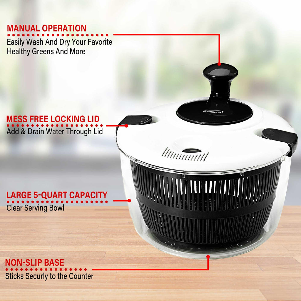 Brentwood KA-5030BK 5-Quart Salad Spinner with Serving Bowl, Black