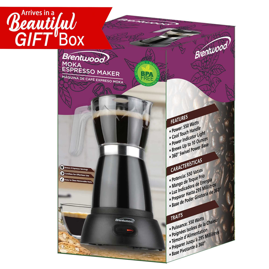 Brentwood TS-119BK Cordless Electric Moka Pot Espresso Machine - Black, 550W, Brews 3-6 Servings, 360° Swivel Base