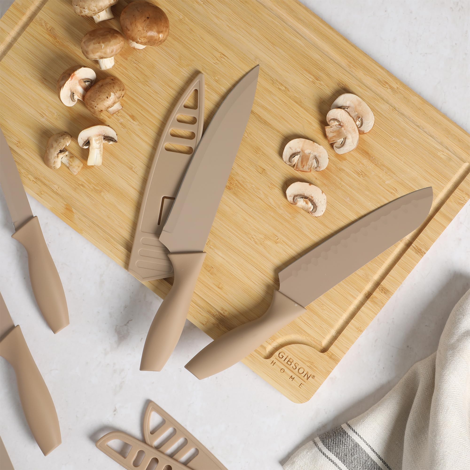 Gibson Home Bostonville 12-Piece Nonstick Stainless Steel Knife Set - Beige, 6 Knives with Matching Blade Guards