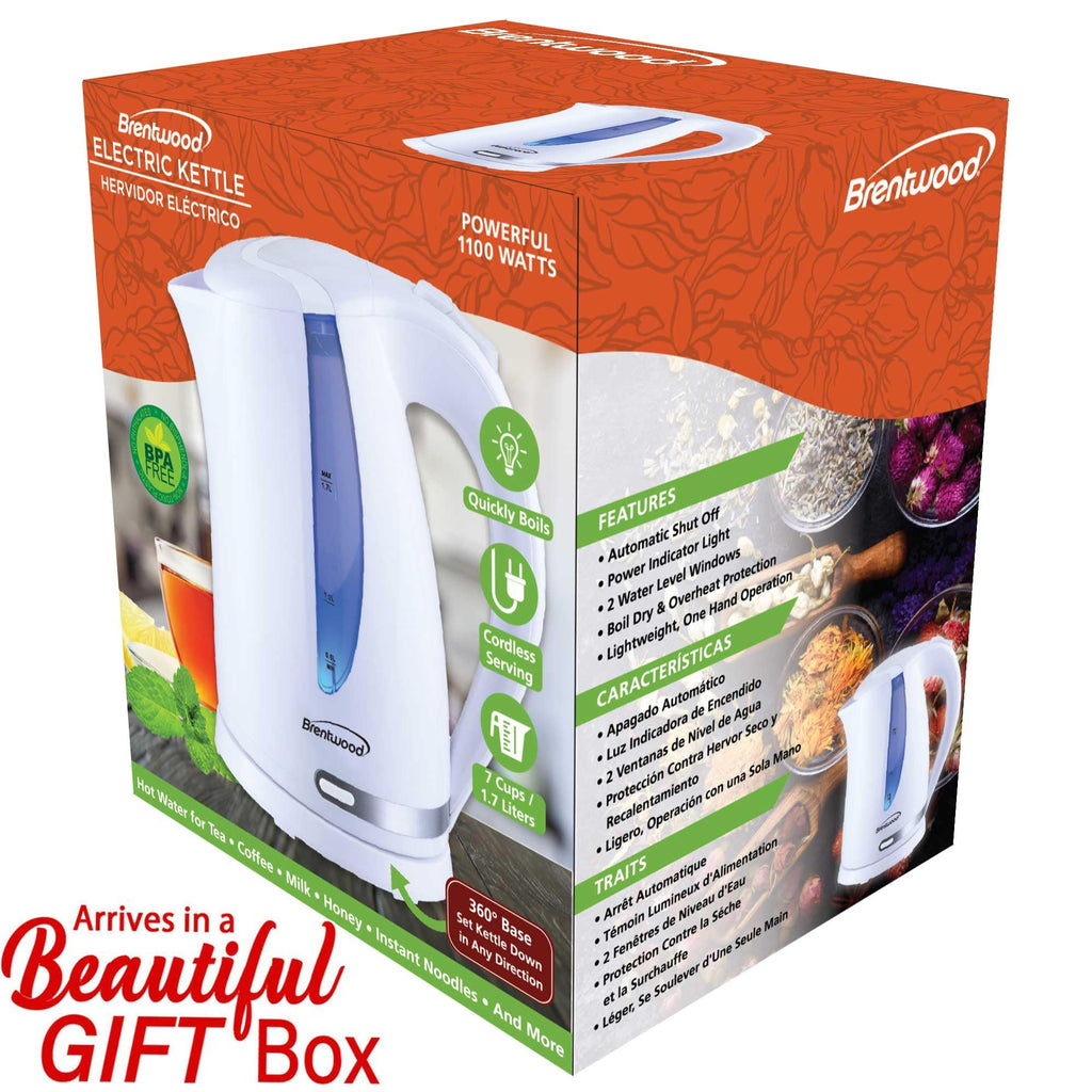 Brentwood 1.7 Liter 1100W Cordless Electric Kettle with Stainless Heating Element, White