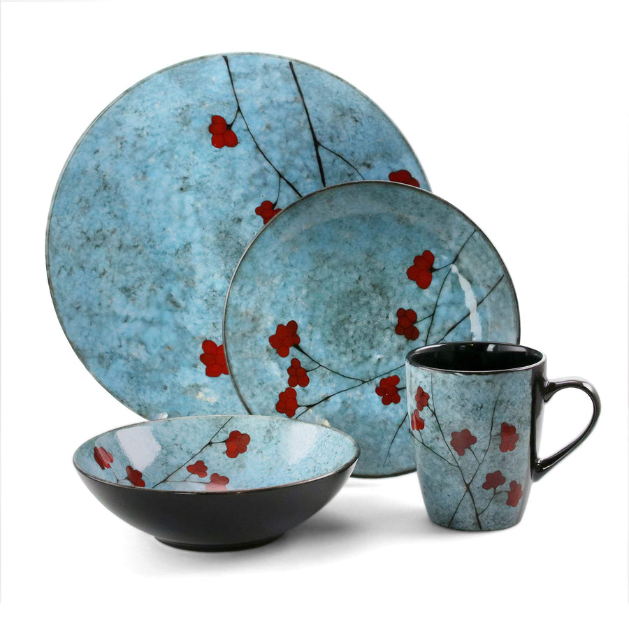 Elama Floral Accents 16-Piece Stoneware Dinnerware Set, Blue with Red Floral - Service for 4