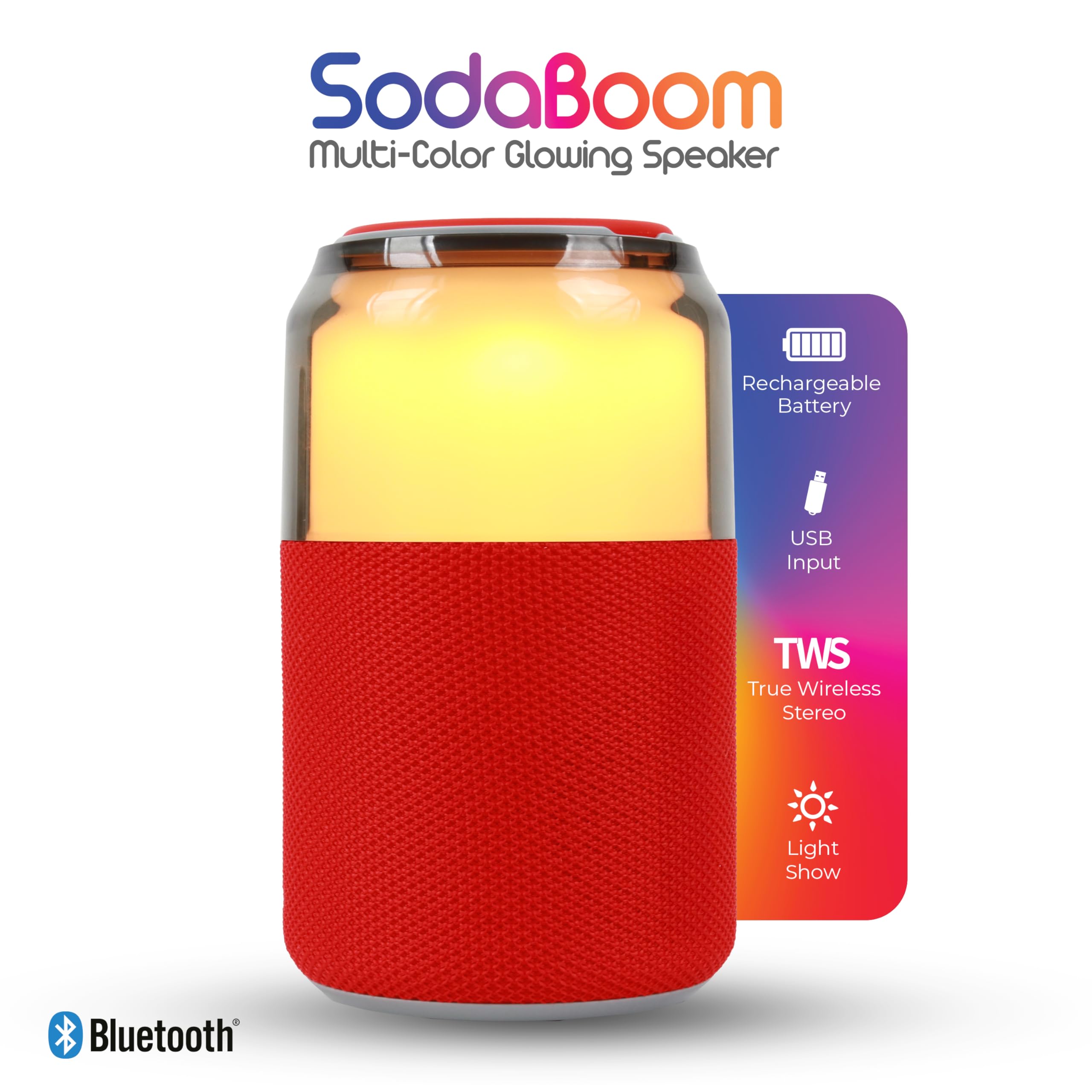 Supersonic SodaBoom SC-2335BT Multi-Color Glowing Bluetooth Speaker, Red LED