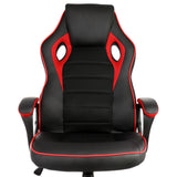 Close-up of the Elama black and red office chair backrest with ventilation cutouts, mesh center panel and red trim