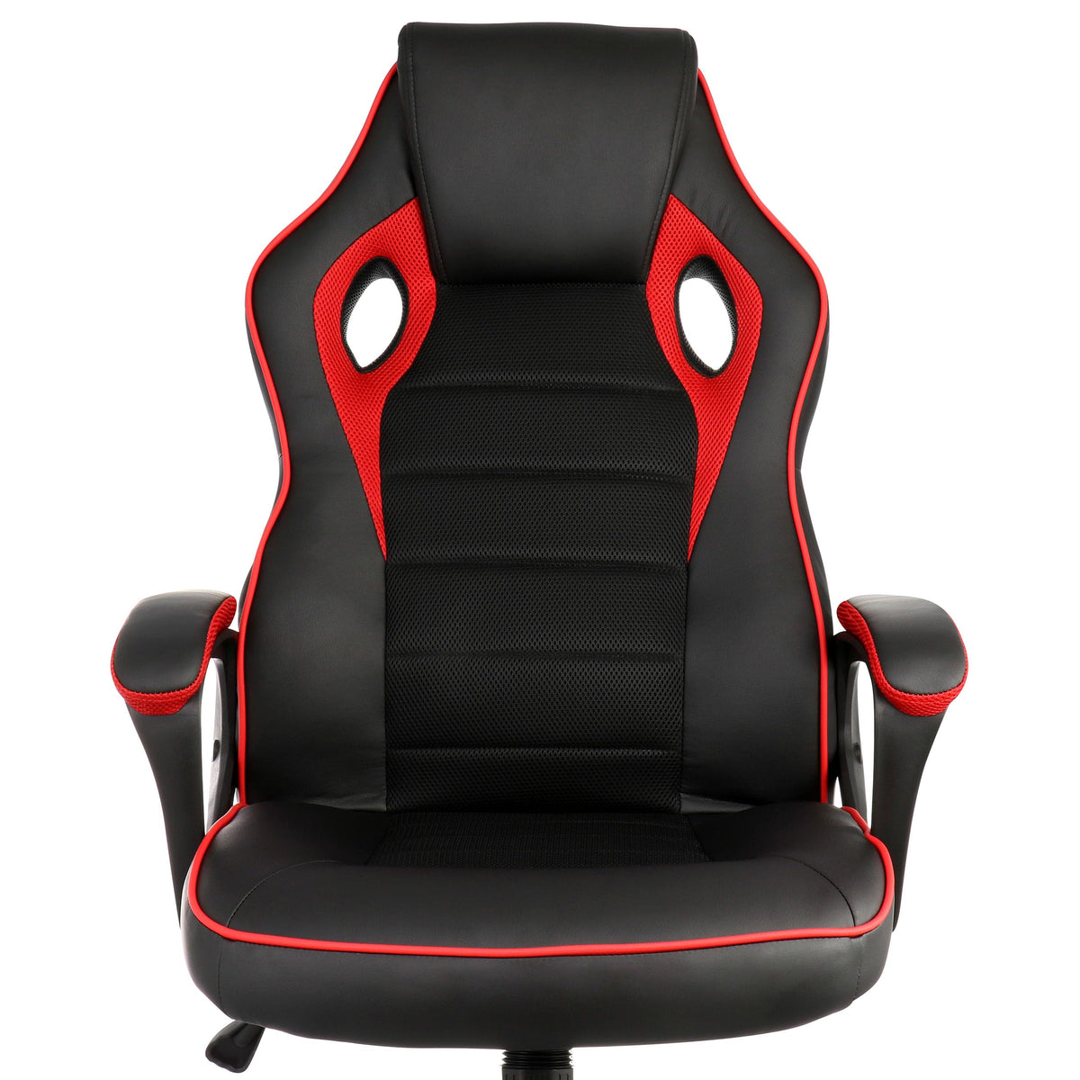 Close-up of the Elama black and red office chair backrest with ventilation cutouts, mesh center panel and red trim