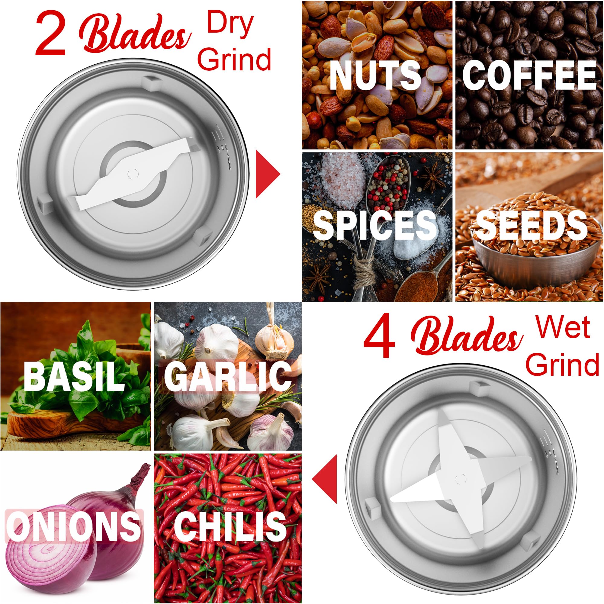 Brentwood 75g Electric Wet & Dry Coffee, Herb & Spice Grinder – Black with Two Removable Bowls